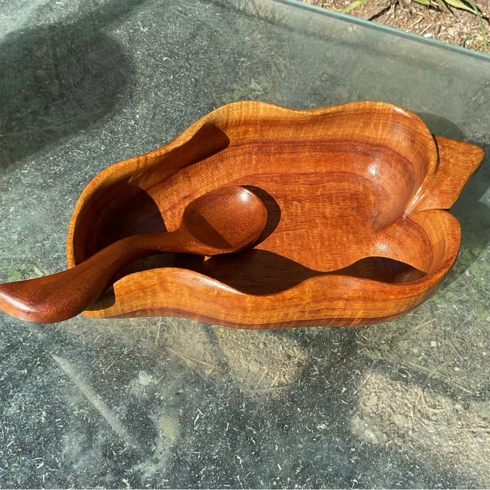Handmade Hawaiian Wooden Bowl and Spoon Set, Signed - Picture 6 of 10